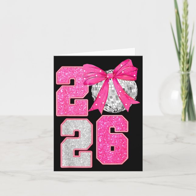 Cartão Happy New Year 2026 Disco Ball Nk Coquette Bow Fam (Frente)