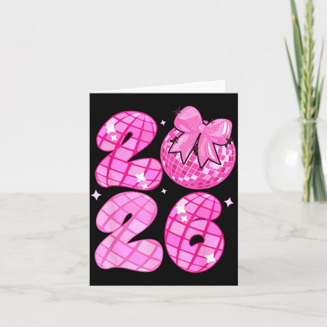 Cartão Happy New Year 2026 Disco Ball Nk Coquette Bow Fam (Frente)