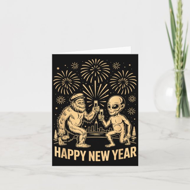 Cartão Happy New Year 2026 Funny Bigfoot And Alien Lovers (Frente)
