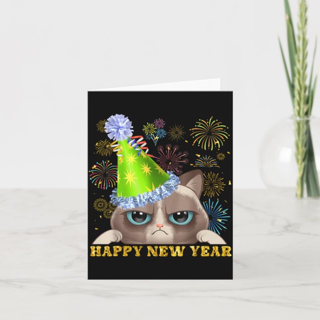Cartão Happy New Year 2026 Funny Cat New Year's Eve Hat G (Frente)