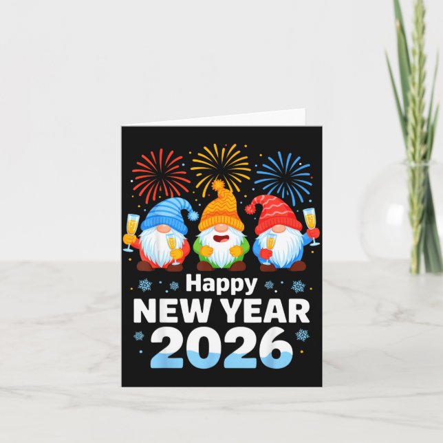 Cartão Happy New Year 2026 Gnome With Fireworks And Champ (Frente)