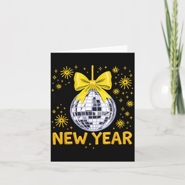 Cartão Happy New Year 2026 Golden Disco Ball Bow New Year (Frente)