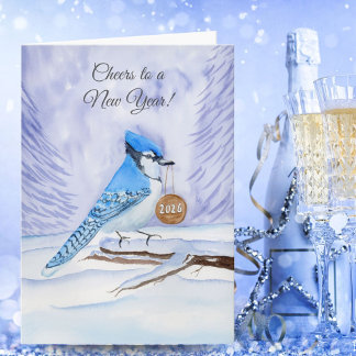 Cartão Happy New Year Blue Jay Holding a 2026 Wooden Sign
