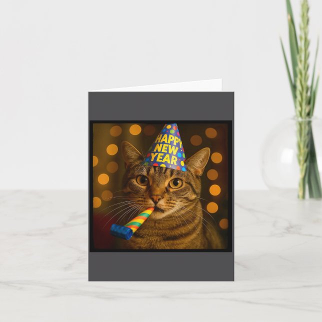 Cartão Happy New Year Cat Funny Party Hat Feline Meme Cel (Frente)