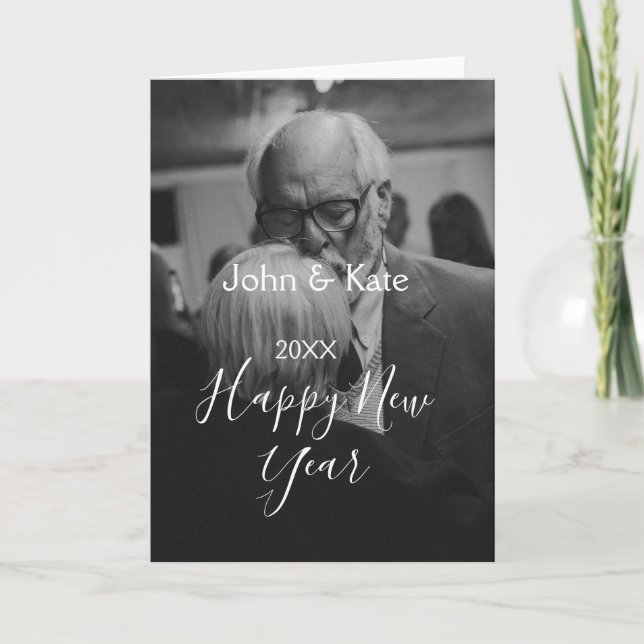 Cartão Happy new year couple photo name year black white  (Frente)