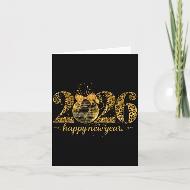 Cartão Happy New Year Cute Gold Disco Ball Bow New Year's (Frente)