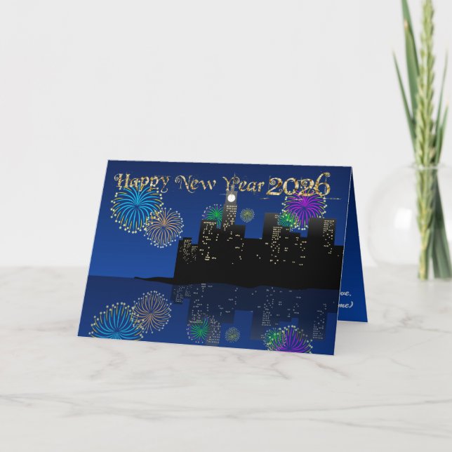Cartão Happy New Year’s Eve Midnight Fireworks City Light (Frente)