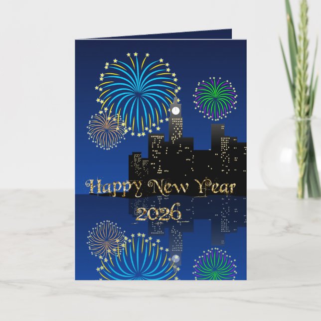 Cartão Happy New Year’s Eve Midnight Fireworks City Light (Frente)