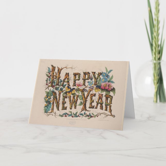 Cartão  Happy New Year, Vintage Currier & Ives Print (Frente)