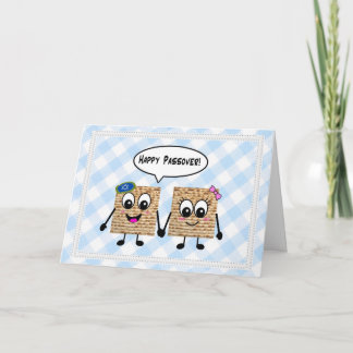 Cartão Happy Passover Cute Matzot on blue gingham