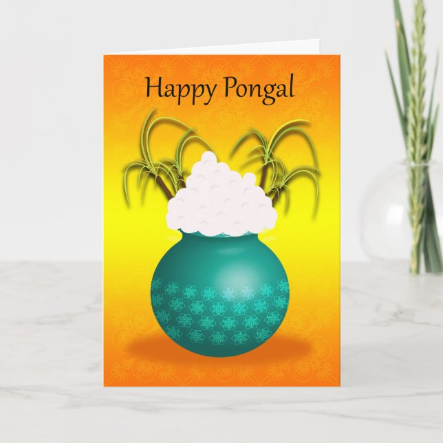 Cartão Happy Pongal, with a Pot Of Rice And Plants (Frente)