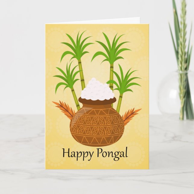Cartão Happy Pongal, with a Pot Of Rice And Plants (Frente)