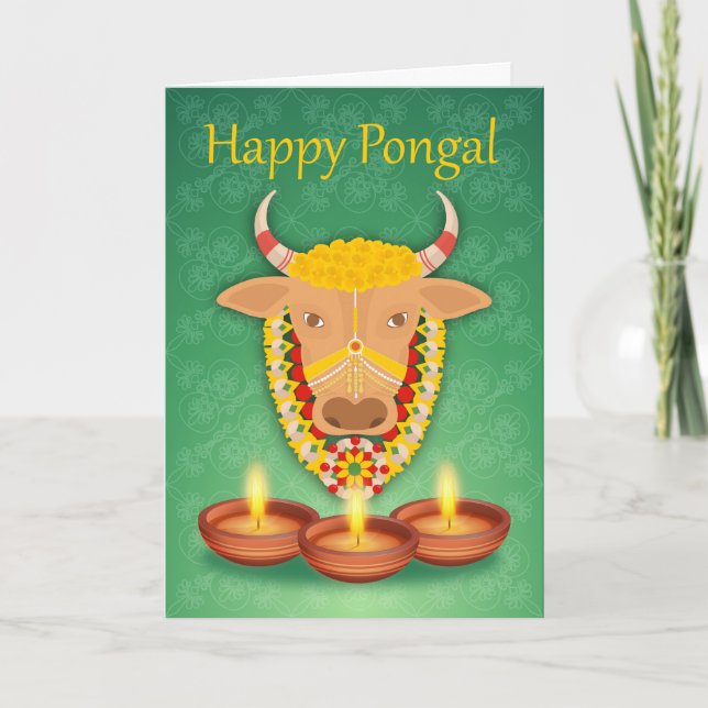 Cartão Happy Pongal, with cow and candles (Frente)