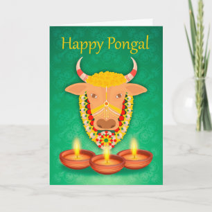 Cartão Happy Pongal, with cow and candles