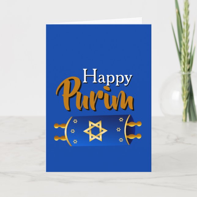 Cartão Happy Purim Greeting Card - Blue Gold Torah Scroll (Frente)