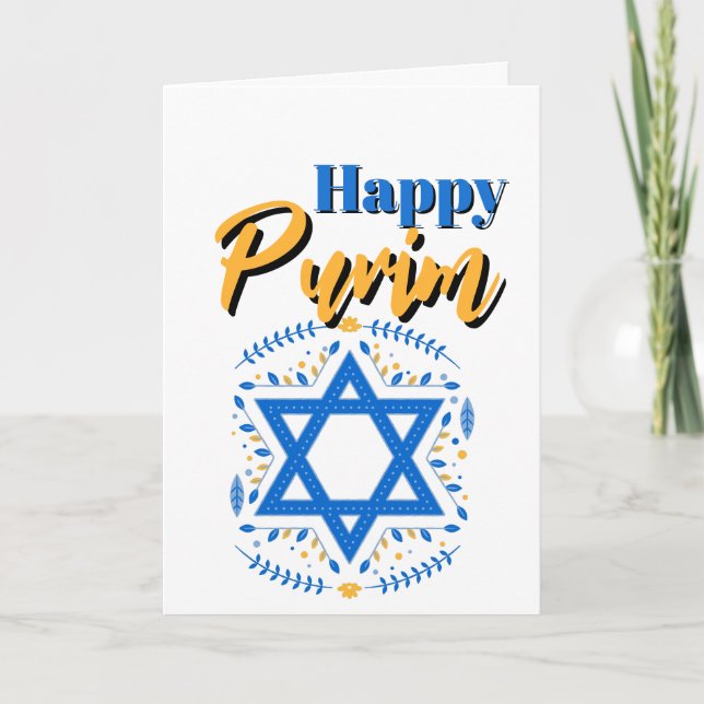Cartão Happy Purim Greeting Card - White Blue Yellow Star (Frente)