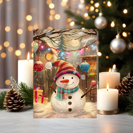 Cartão Happy Snowman with Colorful Lights & Holiday Cheer