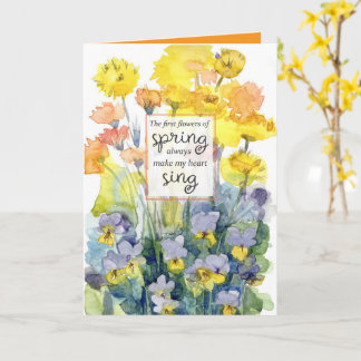 Cartão Happy Spring Yellow Purple Flowers Watercolor