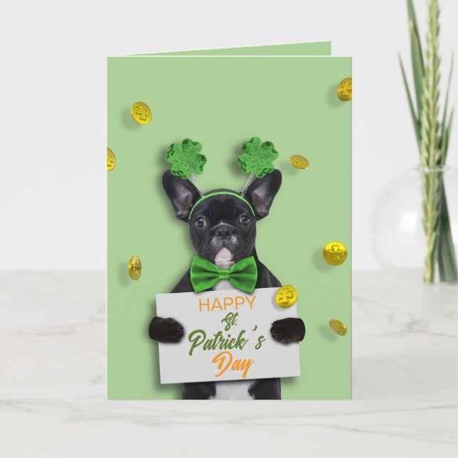 Cartão Happy St. Patrick’s Day Cute French Bulldog Coins  (Frente)