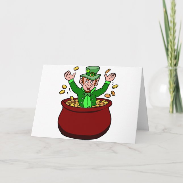 Cartão Happy St Patricks Day Leprechaun Pot Of Gold Coins (Frente)