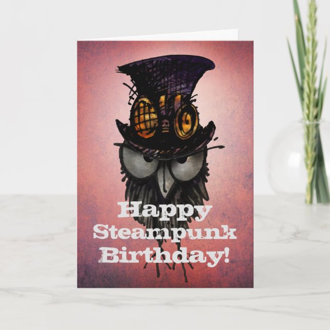 Cartão Happy Steampunk Birthday! - Funny Grumpy Owl (Frente)