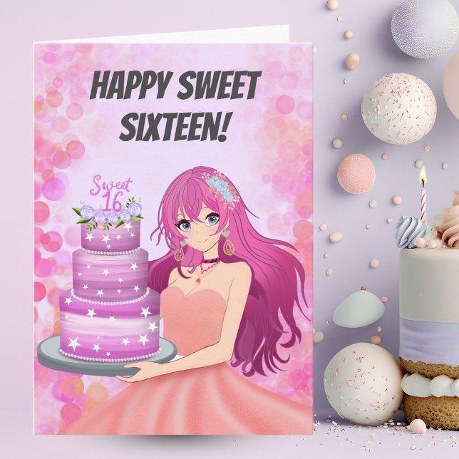 Cartão Happy Sweet Sixteen Anime Girl With Cake (Criador carregado)