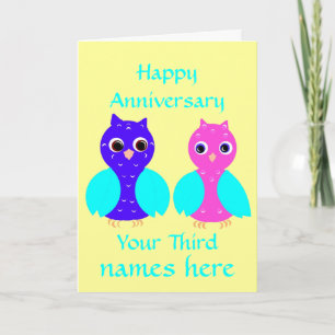 Cartão Happy Third Wedding Anniversary Cute Owls Custom