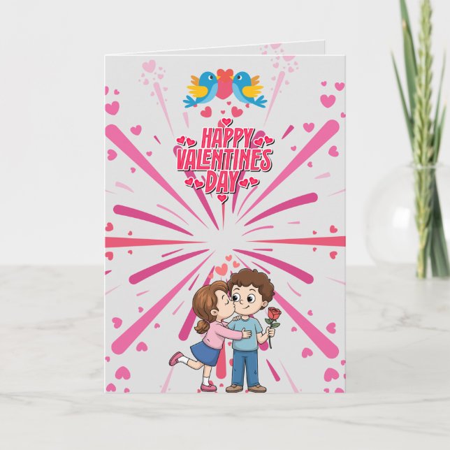 Cartão Happy Valentine’s Day Cute Couple Illustration  (Frente)
