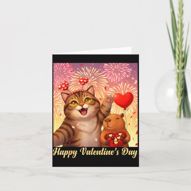 Cartão Happy Valentines 2026 Cute Cat Capybara Party Art  (Frente)