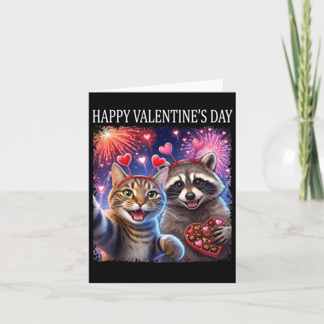 Cartão Happy Valentines 2026 Cute Cat Raccoon Party Art  (Frente)