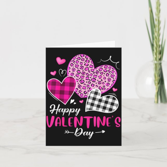 Cartão Happy Valentine's Day Leopard And Plaid Hearts Gir (Frente)