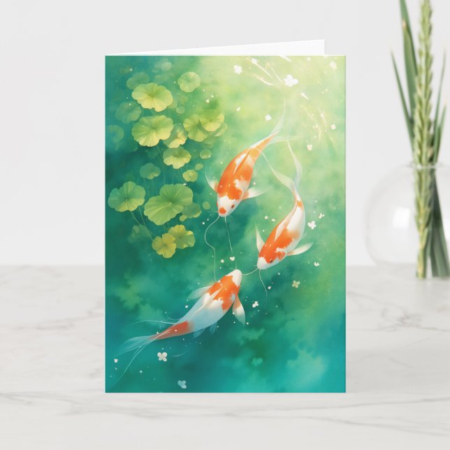 Cartão Harmonia dos Peixes Koi no Lago (Frente)