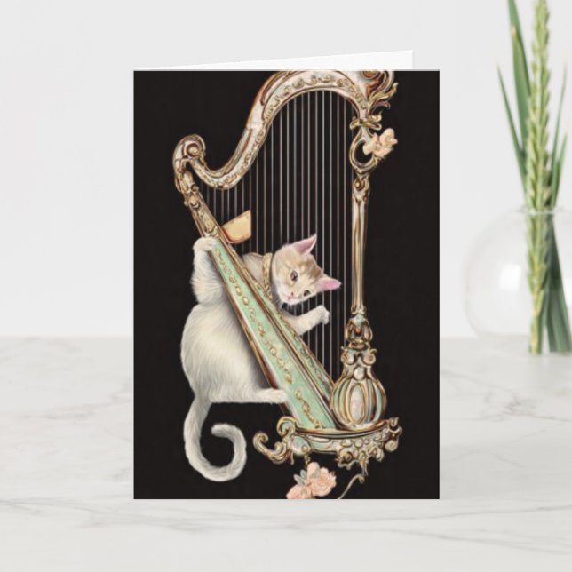 Cartão Harmonic Whiskers – Cat & Harp Greeting Card (Frente)