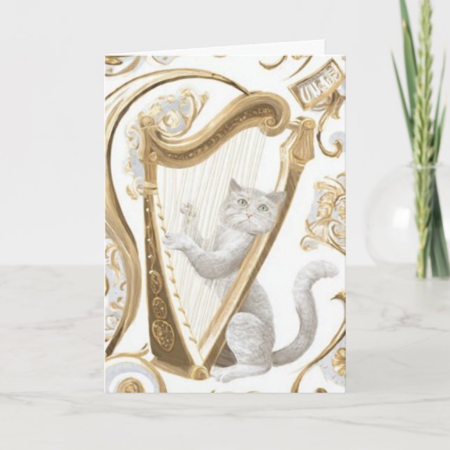 Cartão Harp-Playing Cat Greeting Card – Ornate Elegance (Frente)