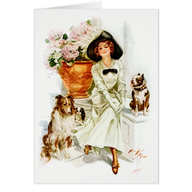 Cartão Harrison Fisher: Mulher com três cães (Frente)