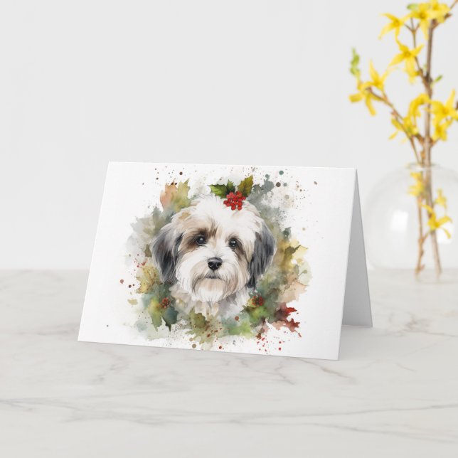 Cartão Havanês de Natal Wreath Festivo Pup (Flor Amarela)