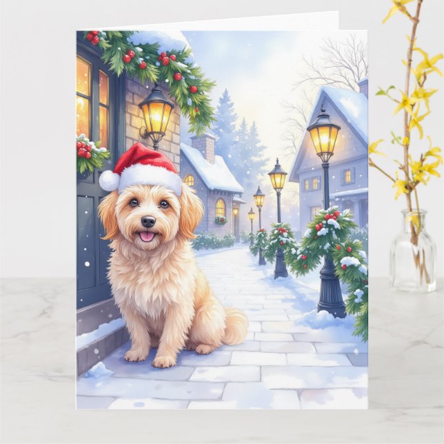 Cartão Havanese Snowy Village Walk Santa Hat Christmas (Flor Amarela)