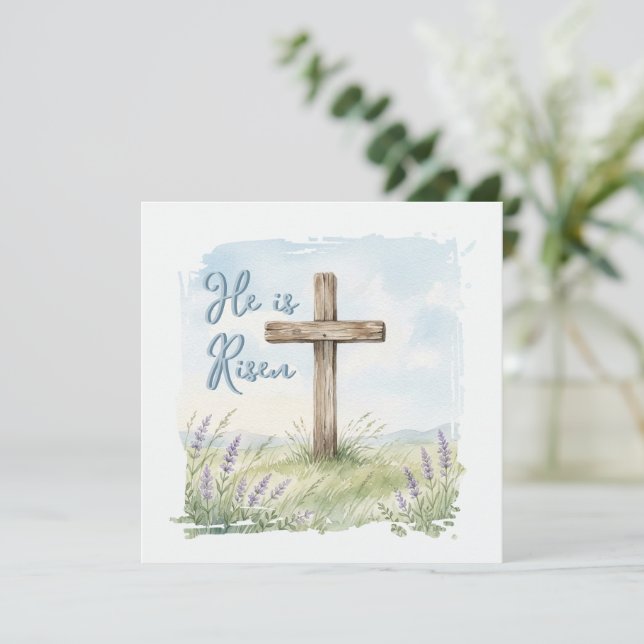 Cartão He Is Risen Watercolor Easter Cross Greeting (Em pé/Frente)
