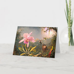 Cartão Heade - Orquídea de Cattleya e Três Aves Humming