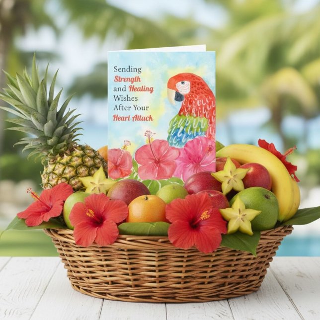 Cartão Heart Attack Healing Scarlet Macaws, Hibiscus (Criador carregado)