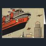 Cartão Helicóptero Vintage Science Ficise<br><div class="desc">Ilustração vitoriana futurista vitoriana viagem steampunk e imagem de ficção científica de transporte. Uma nave a vapor parecida com o navio de cruzeiro Titanic e voando como um helicóptero sobre edifícios urbanos. Um clássico design de ficção científica de quadrinhos retrô do futuro.</div>