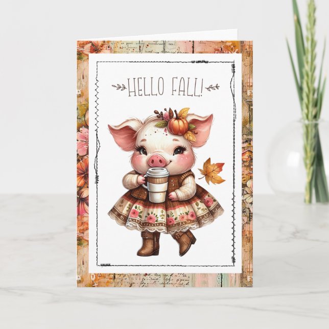 Cartão Hello Fall Adorable Farmhouse Pig  (Frente)
