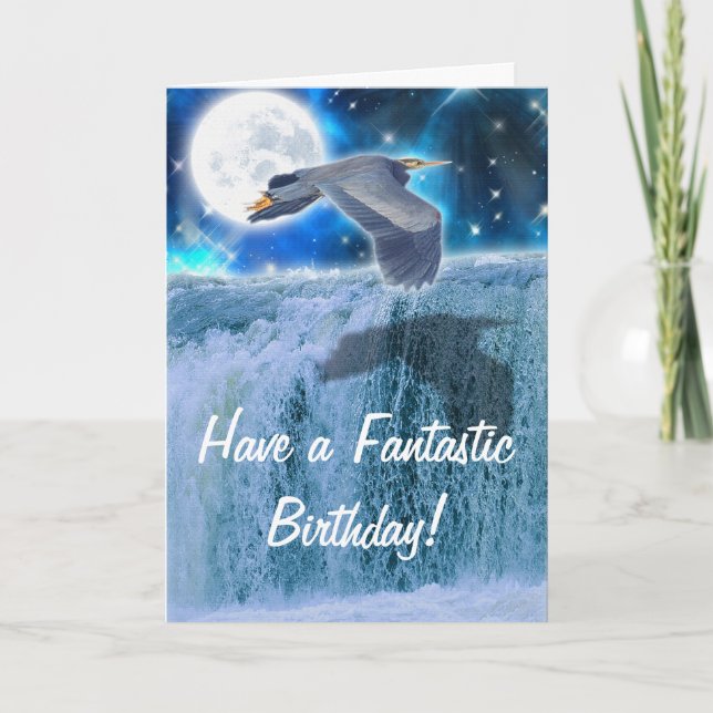 Cartão Heron, Moon & Waterfall Fantasy Birthday Card (Frente)