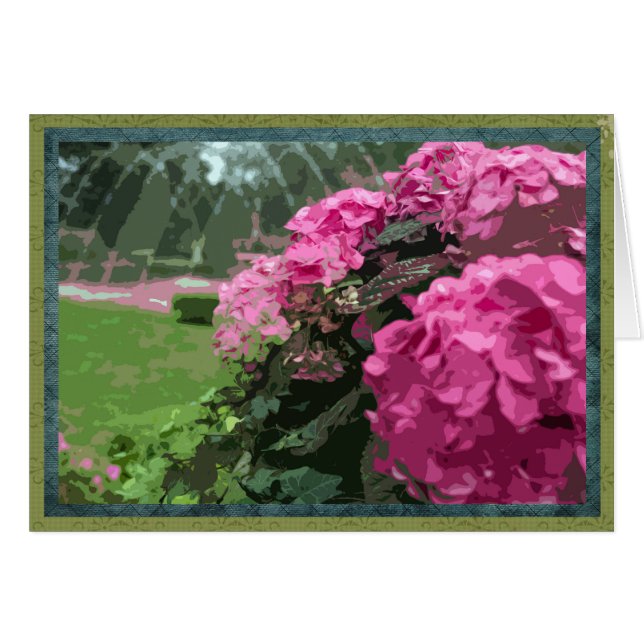 Cartão Hídrangas cor-de-rosa no jardim formal (Frente Horizontal)