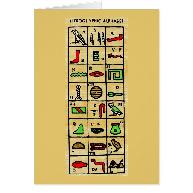 Cartão Hieroglyphics egípcios, símbolos alfabéticos (Frente)