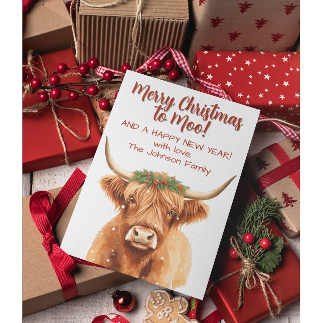 Cartão Highland Miniature Cow Festive Christmas Greenery (Merry Christmas highland miniature cow greenery card)