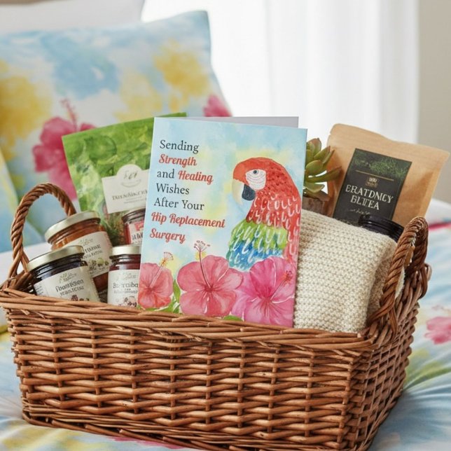 Cartão Hip Replacement Healing Scarlet Macaws, Hibiscus (Criador carregado)