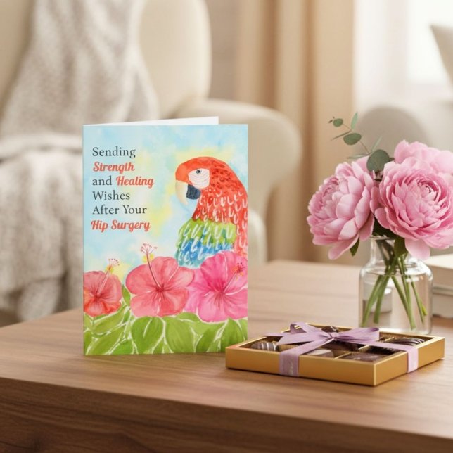 Cartão Hip Surgery Healing Scarlet Macaws, Hibiscus (Criador carregado)