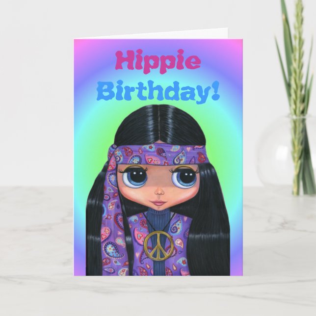 Cartão Hippie Birthday! Pintinho 60s de Paisley Cute Roxo (Frente)