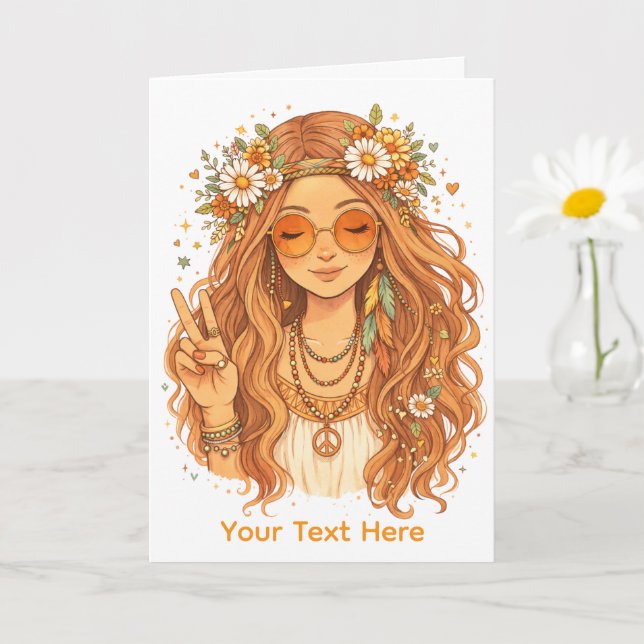 Cartão Hippie Girl Giving a Peace Gesture Blank Art Card (Planta pequena)